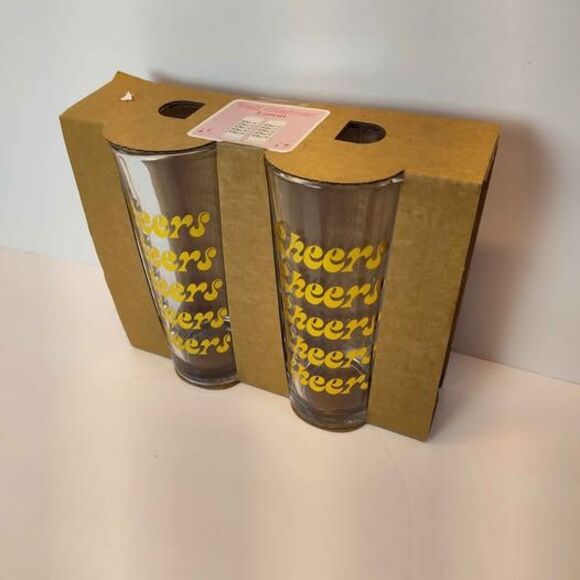 NEW 2 PK 6" Tall Gold Print Cheers Clear Glasses - Picture 8 of 9